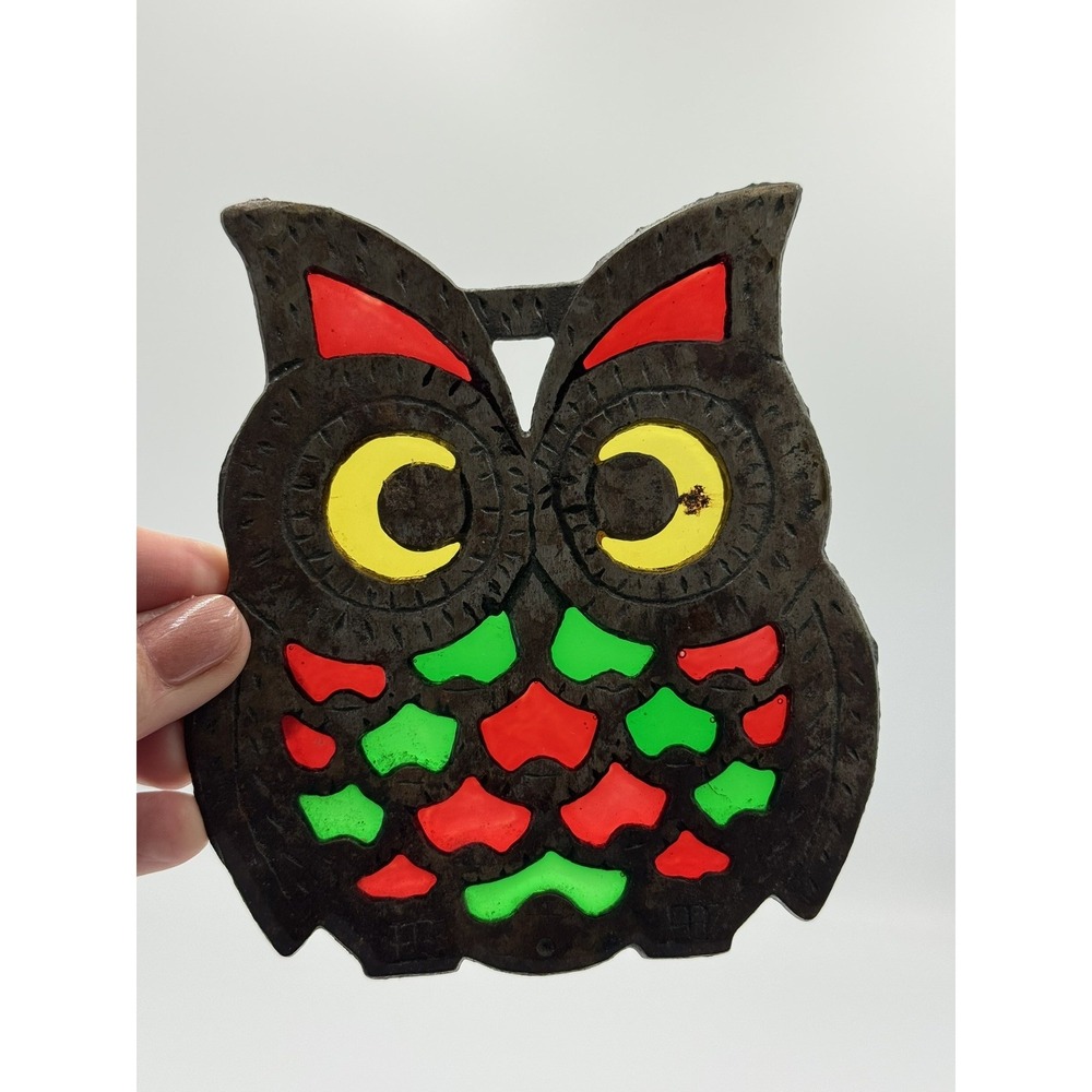 Vintage Stained Glass Cast Iron Owl trivet  Boho Hippiecore